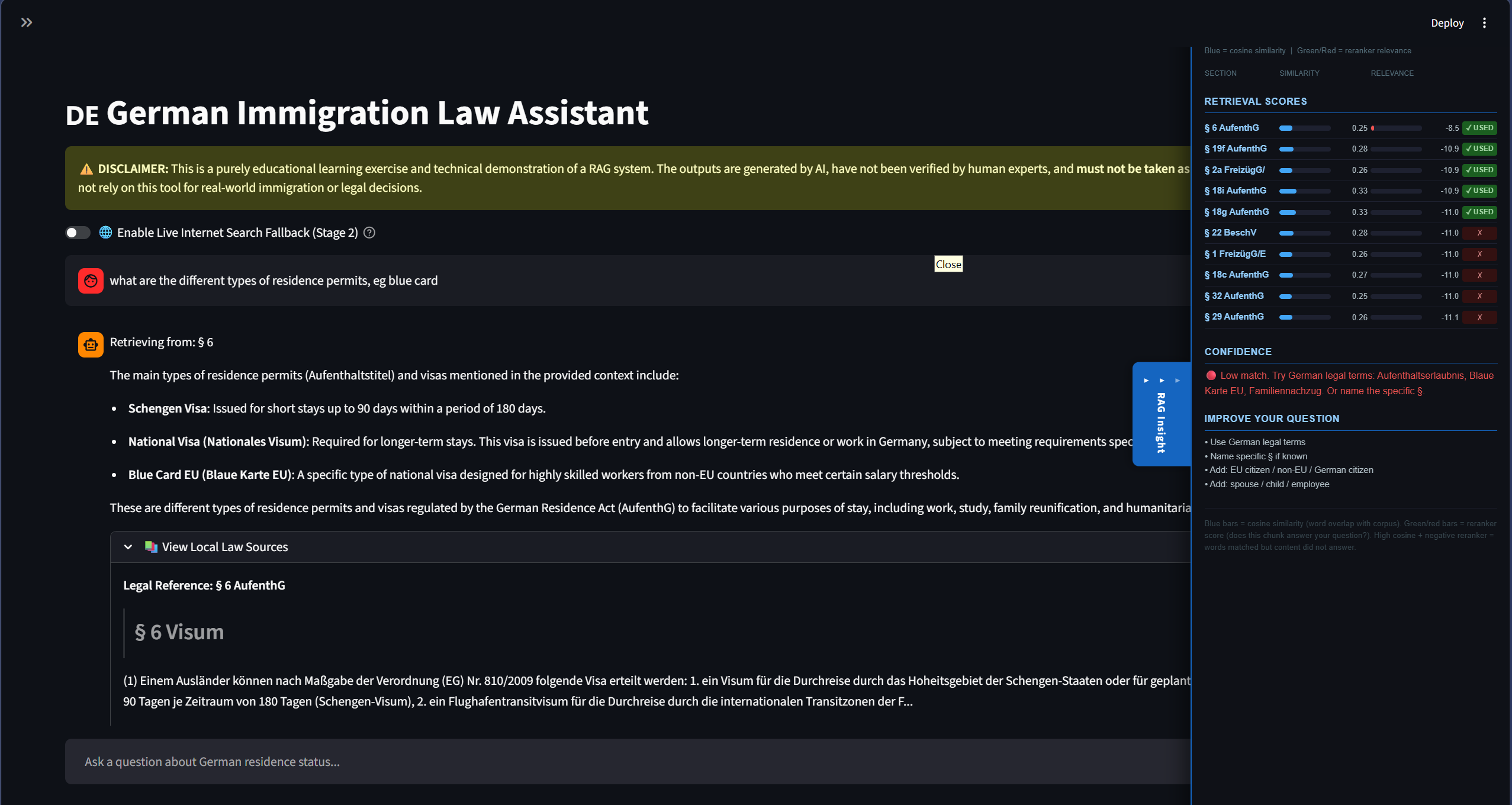 The German Immigration Law Assistant showing a query, the retrieved German statute text, and the RAG insight panel with retrieval scores.